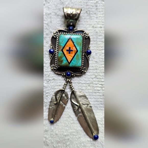 Silver and Turquoise Pendant with Feather Accents - Picture 1 of 6